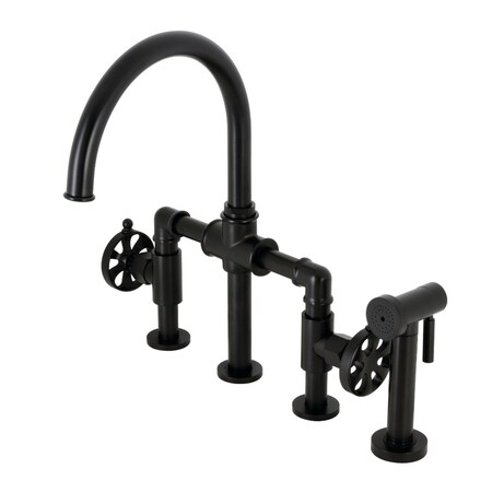 Kingston Brass KS2330RX Industrial Style Bridge Kitchen Faucet with Brass Sprayer, Matte Black KS2330RX